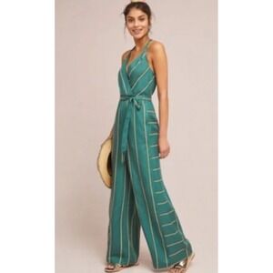 Anthropologie Sleeve XS Teal Striped Linen Blend Wide Leg Jumpsuit Open Back